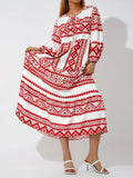 Red Print Boho Puff Sleeve Maxi Loose Dress