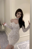 Elegant Off - Shoulder White Lace Dress with Long Sleeves