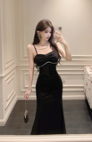 Elegant Pink Spaghetti - Strap Mermaid Dress with Rhinestones