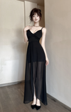 Elegant Black Spaghetti Strap Gown with Sheer Panels