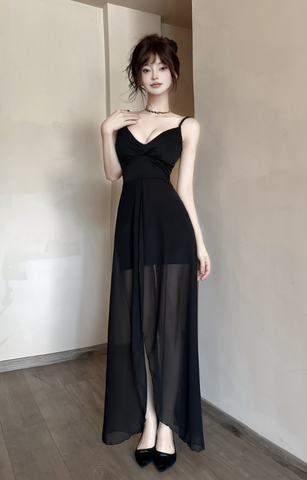 Elegant Black Spaghetti Strap Gown with Sheer Panels