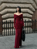 Burgundy Satin One Shoulder Evening Gown with High Slit