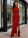 Halter Long Spandex Ruffles Bodycon Slit Party Dress