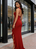 Halter Long Spandex Ruffles Bodycon Slit Party Dress