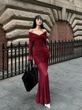 Burgundy Satin One Shoulder Evening Gown with High Slit