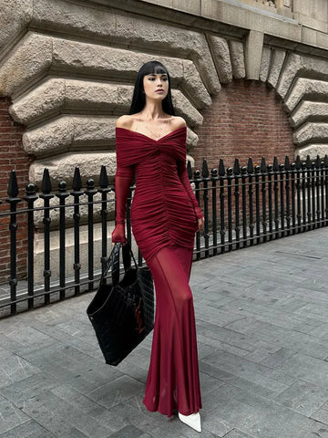 Burgundy Satin One Shoulder Evening Gown with High Slit