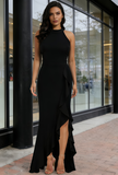 Halter Long Spandex Ruffles Bodycon Slit Party Dress