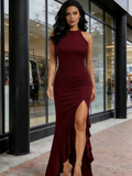 Halter Long Spandex Ruffles Bodycon Slit Party Dress