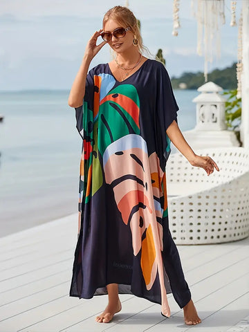 Blue Print Bat Sleeve V Neck Summer Dress