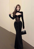 Stylish Long - Sleeve Black Outfit with Cut - out Details