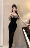 Stylish Sleeveless Black Gown with Lace Detailing