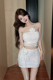 Elegant White Ruched Crop Top and Mini Skirt Set