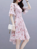 Ruffle Trim Sleeve Airy Floral Print  Chiffon Dress