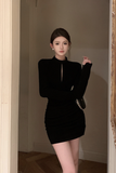 Stylish Mock - Neck Black Bodycon Mini Dress with Cutout