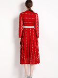 Red Lace Embroidered Mock Neck Button Long Sleeve Dress