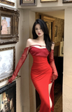 Elegant Red Off - Shoulder Gown with Sheer Long Sleeves