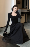 Stylish Black Fitted Bodice Long Skirt Evening Dress