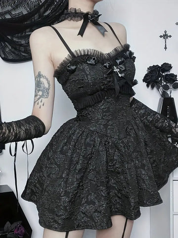 Gothic Spaghetti Strap Floral Black Dress