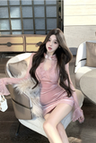 Elegant Pink Velvet Dress with Sheer Lace Yoke