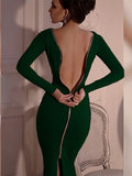 Boldly Backless Silver Zip Deep Green Bodycon Dress