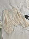 Chiffon Green Long Sleeve Ruffle Hem Blouse