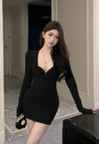 Elegant Long - Sleeve Mini Dress with Lace Insertion