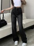 Black High Waist Straight Loose Fit Slant Pockets Jean