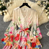V-Neck Ruffled Sleeves Floral Printed Chiffon Dress