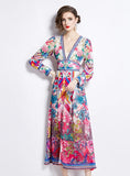 V-NECK PRINTED LONG-SLEEVED BIG SWING DRESS