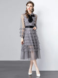 BIG BOW GAUZE POLKA-DOT LONG SLEEVE DRESS