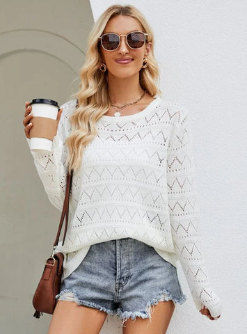 FASHION LOOSE ROUND NECK HOLLOW KNITTED LONG-SLEEVED TOP