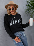 CLASSY CASUAL BLACK ROUND NECK LETTER SWEATER