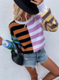 FASHION STRIPED LOOSE ROUND NECK STITCHING SWEATER