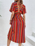 COLOR STRIPED CASUAL V-NECK BUTTON DRESS