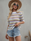 FASHION SPLICED HOLLOW LOOSE ROUND NECK STRIPED SWEATER