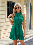 SOLID COLOR ROUND NECK MINI DRESS