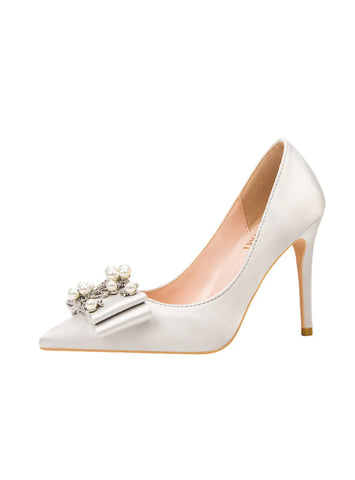 SATIN POINTED PEARL BOW HIGH HEELS