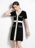 V-NECK SHORT-SLEEVED KNITTED SLIM DRESS