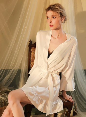 FASHION SEXY SILK LOTUS LEAF SLEEVE ROBE NIGHTGOWN