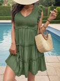 SOLID COLOR V-NECK RUFFLED DRESS