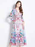 V-NECK PRINTED LONG SLEEVE DRESS