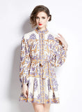 RETRO PRINTED LONG SLEEVE STAND-UP SLIM DRESS