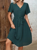 PLEATED V-NECK SHORT SLEEVE DRESS