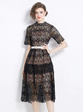 SHORT-SLEEVED LACE MEDIUM-LONG DRESS