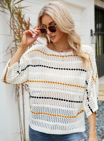CLASSY STRIPED CROPPED SLEEVE HOLLOW KNIT SWEATER