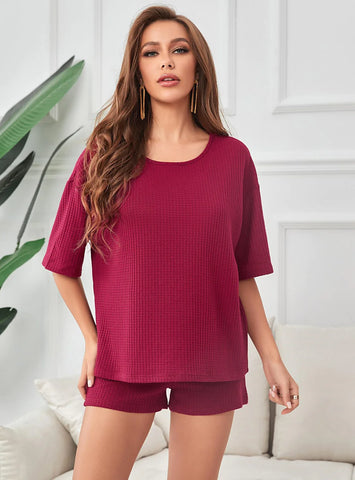 FASHION SUMMER RED WAFFLE SHORT-SLEEVED SHORTS SET