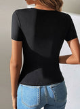 V-NECK HOLLOW SLIM SHORT SLEEVE T-SHIRT