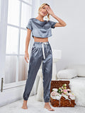FASHION SILK-LIKE SHORT TOP TROUSERS SUIT