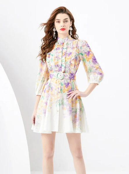 RETRO LONG SLEEVE SHORT MINI PRINT DRESS