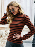 FASHION BUBBLE SLEEVE SLIM KNIT STRIPED TOP